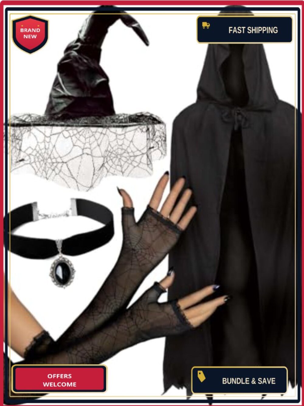 Witch Costume Accessories Set Hat Cape Gloves Choker 4PC